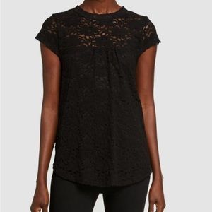 West Kei Black Soft, black lace top with lining and keyhole button on neck